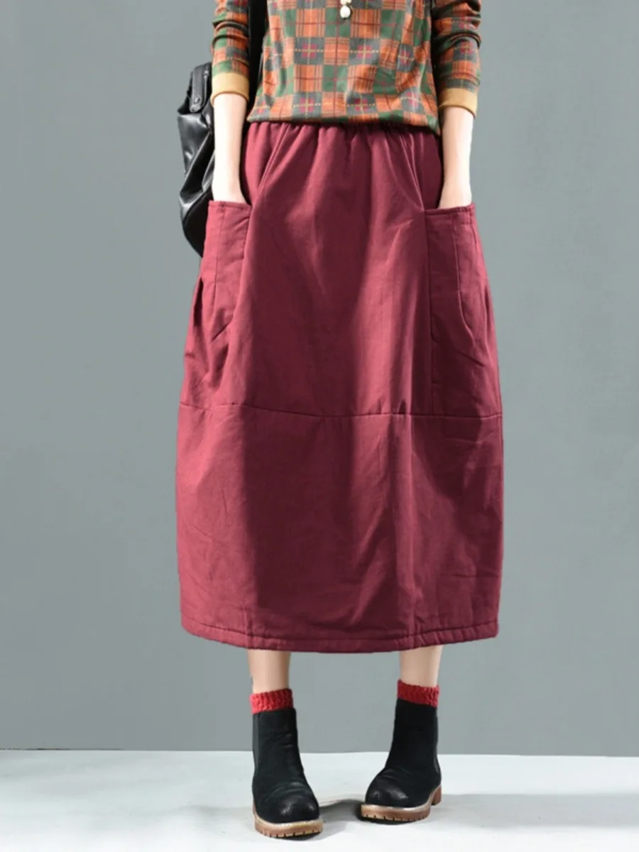 Retro bawełniana spódnica Thiened na jesień, zimę i wiosnę, damska, luźna, w kształcie litery A, ciepła, wyszczuplająca, z elastyczną talią, uniwersalna, długość do połowy łydki.