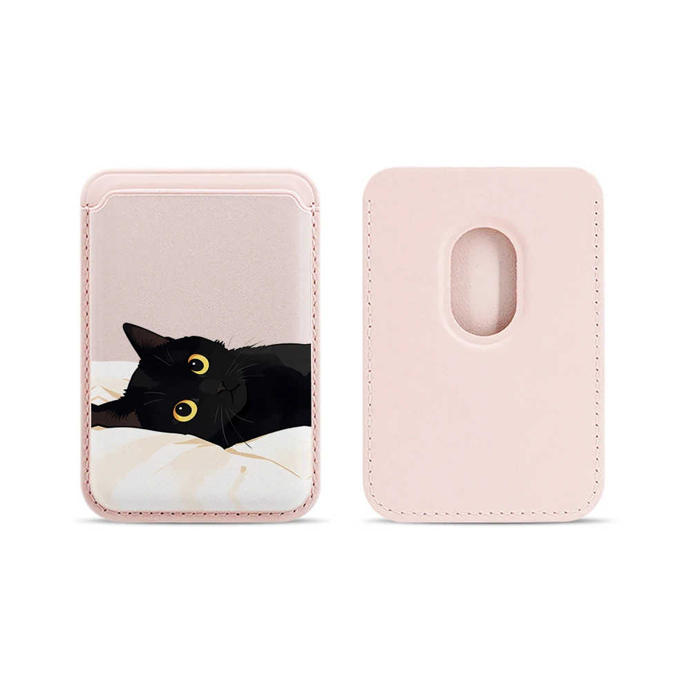 Schwarze Katzen-Leder-Kartenhülle für das Handy, geeignet für alle iPhone-Hüllen, Magsafe magnetische Kartenhalterung, einfache Handy-Rückentasche – Detail 16
