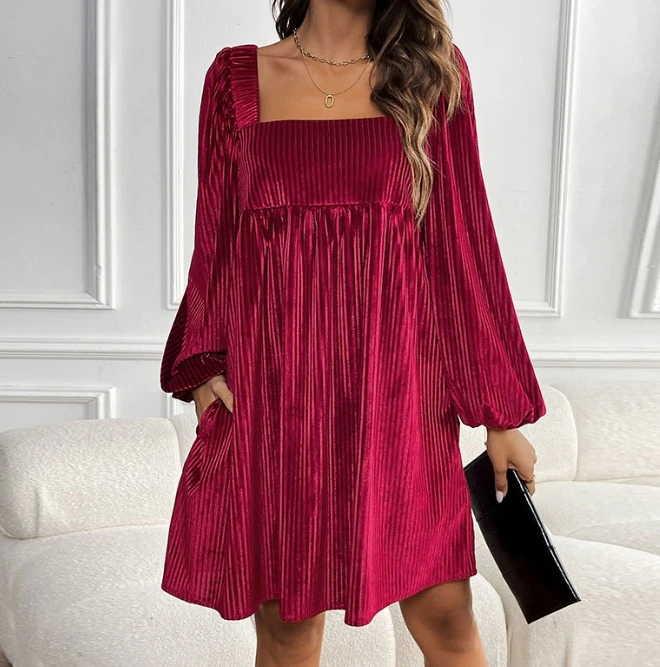 Women's Dress Casual Winter Fashion Solid Color Velvet Square Neck Long Sleeve Lace-up Backless Loose Fit A-line Mini Dress