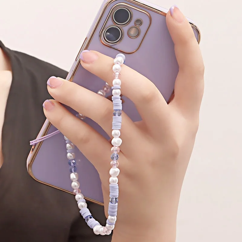Simple Crystal Pearl Phone Chain Women Clay Beaded Phone Lanyard Devil\'s Eye Love Mobile Phone Strap Pendant Jewelry Accessories