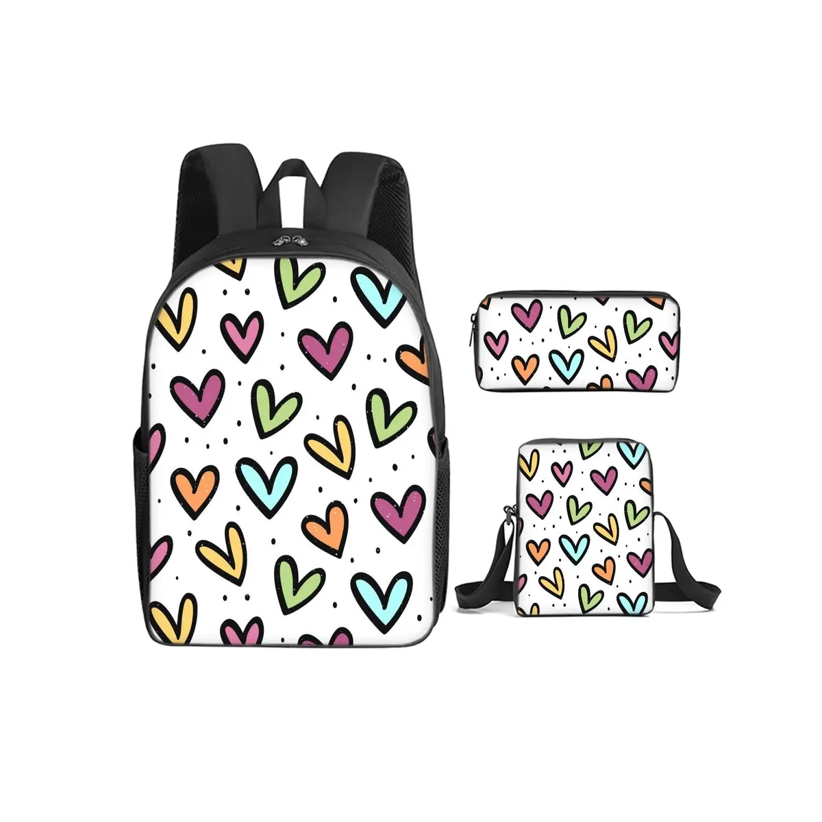 Doodle Heart Love Print 3Pcs/Set Backpack with Messenger Bags ,Pencil Bags for Boy/Girl Best Gift Cartoon Student School Bags