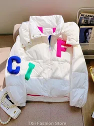 2023 Winter New European Color Block Patchwork Trendy Brand Letter Down Jacket Women's Casual Loose White Duck Down Bread Coat