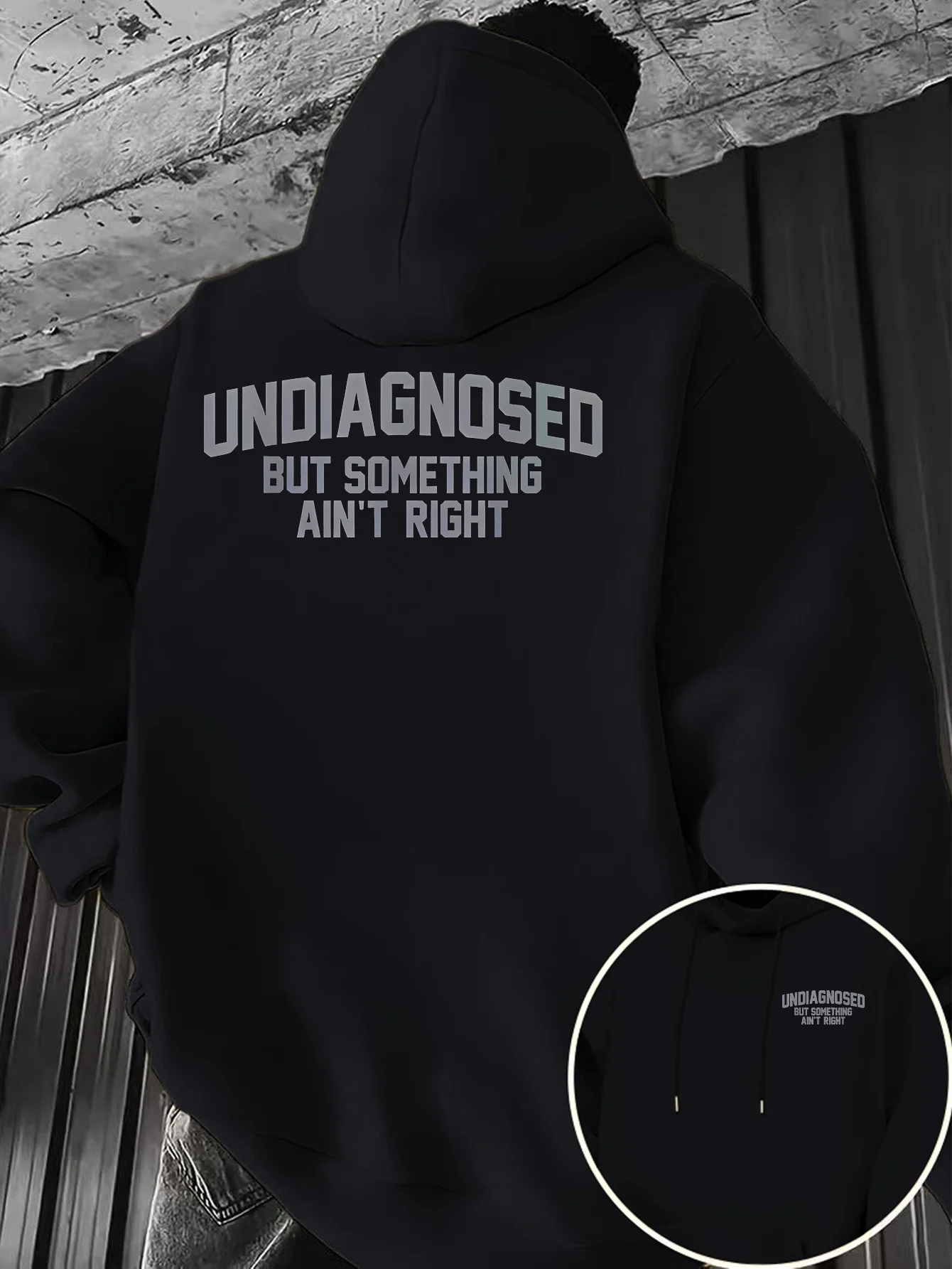 Fun and witty men's hooded sweatshirt with humorous English phrases printed on it. Weird, funny and simple hooded shirt.