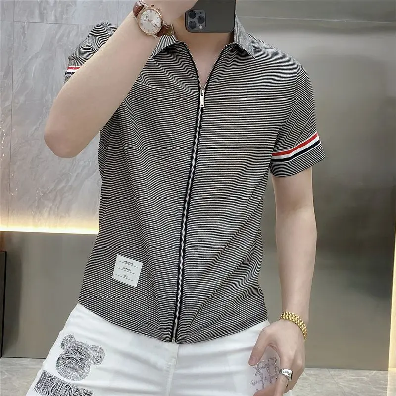 Fashion Casual Korean Loose Zipper Shirts Striped Patchwork Turn-down Collar Temperament Handsome Short Sleeve Men\'s Clothing