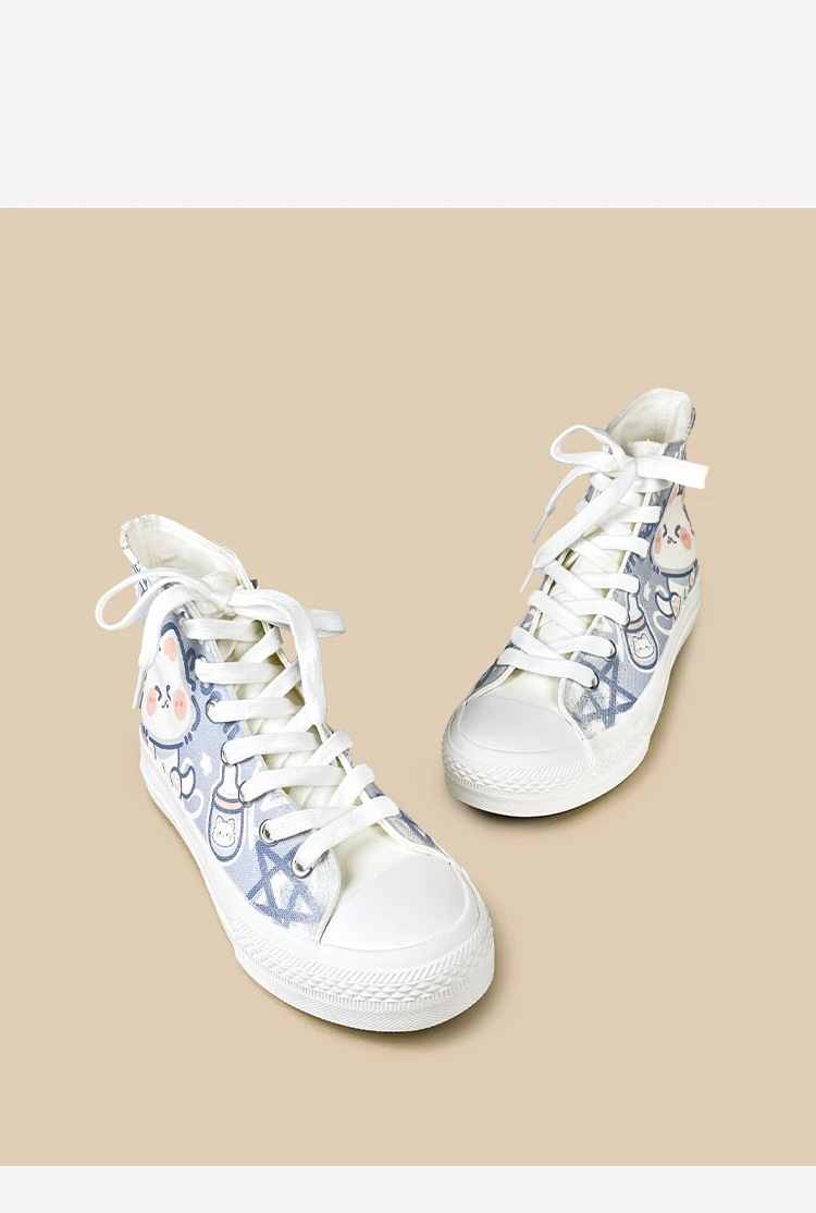 Amy und Michael Niedliche Cartoon-Katzen High-Top Canvas-Schuhe für Damen, Kawaii Weiße Schnürschuhe, Lässige Sneakers für Teenager-Mädchen, High-Top-Schuhe – Detail 12