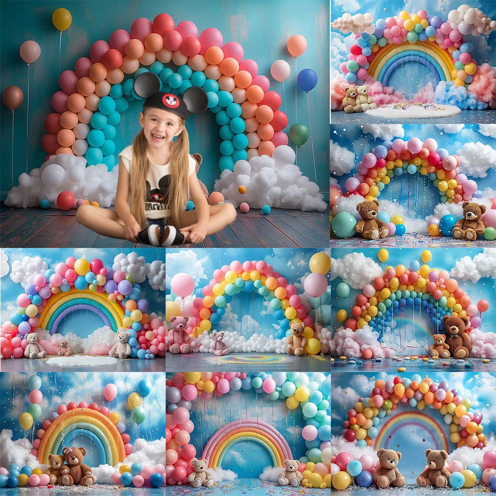 Newborn Birthday Photography Background Rainbow Colorful Balloon Arch Party Decoration Baby Family Party Photo Backdrop Supplies