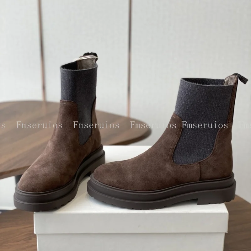 Mode Einfache Design Frauen Kurze Stiefel Runde Kappe Flache Sohle Echtes Leder Top Qualität Einfarbig Britischen Stil Chelsea Stiefel