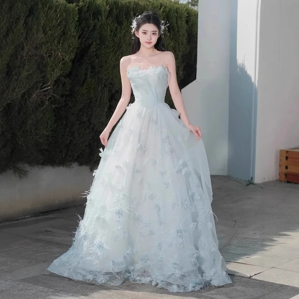

Blue Floral Evening Gown Women's New 2025 Luxury High Waist Wedding Dress Exquisite Craftsmanship Ideal for Art Exams And Brides