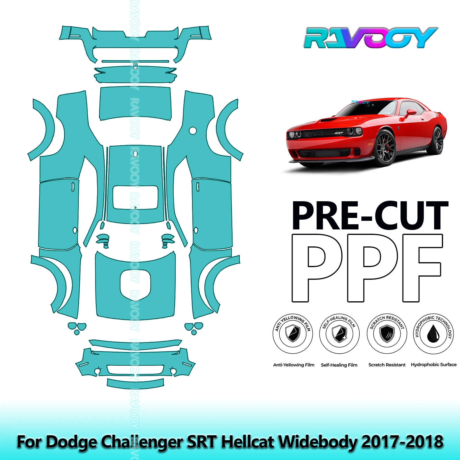 RAVOOY Custom-Fit Precut TPU PPF Full Vehicle Clear Bra Stone Guard EU UK For Dodge Challenger SRT Hellcat Widebody 2017-2018