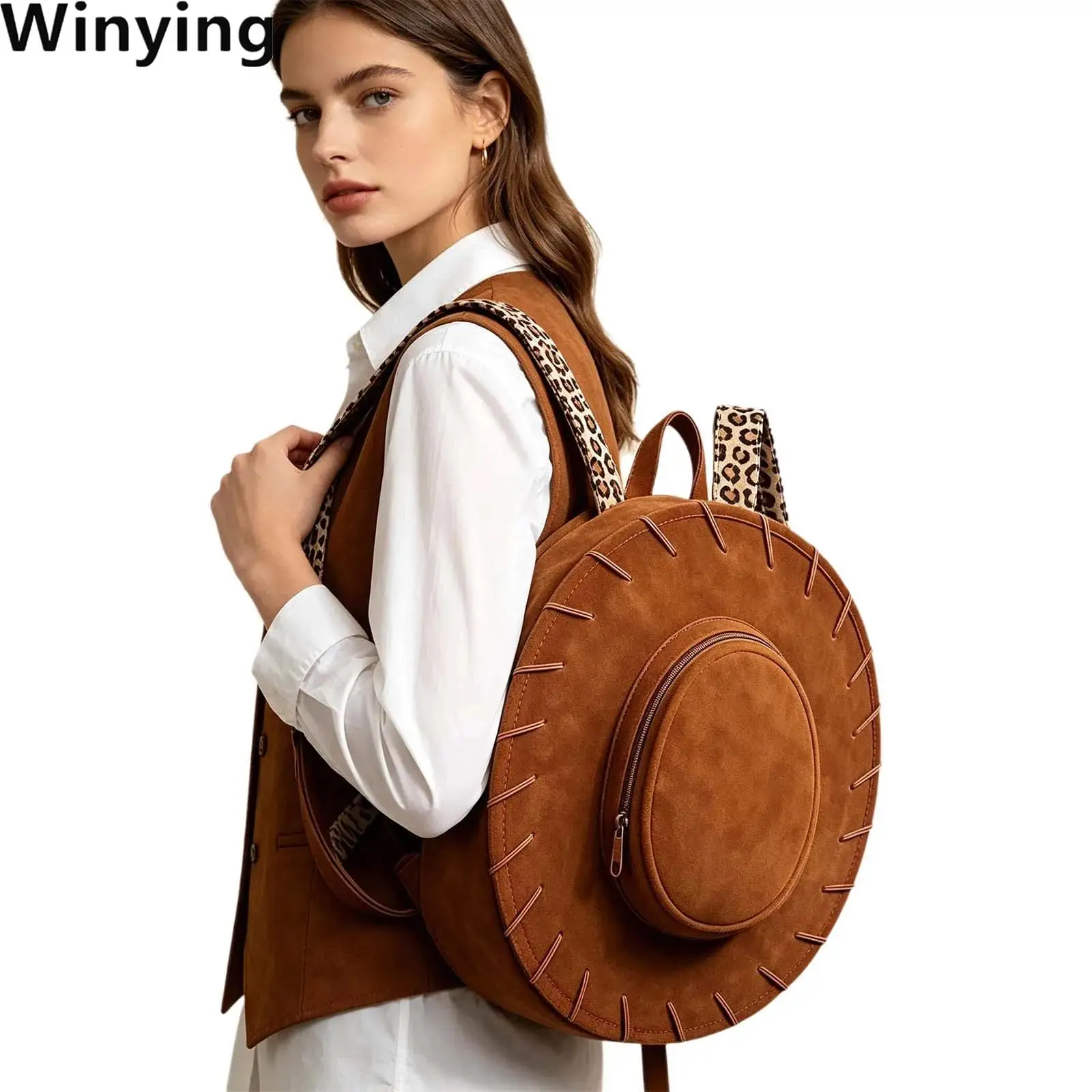 Women Western Cowgirl Hat Shaped Backpack Adjustable Leopard Print Shoulder Straps Bag Casual Daily Life for Halloween Cosplay
