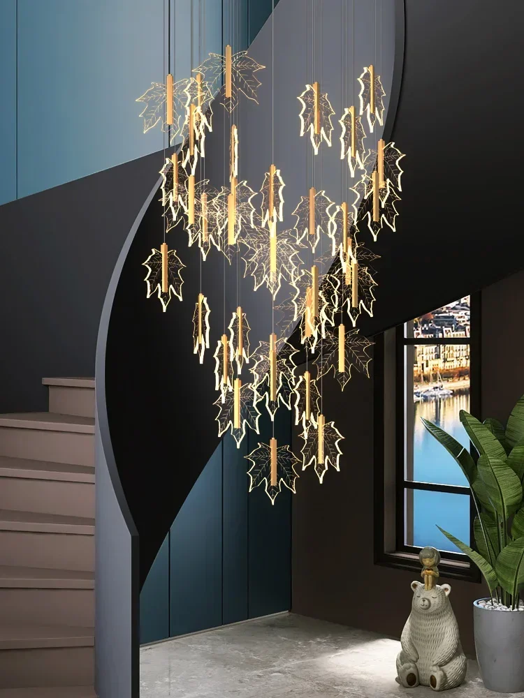 

YECTSKIStairs Chandelier Villa Sales Department Duplex Building Creative Simple Art Maple Leaf Bar Living Room Iron Art Lighting