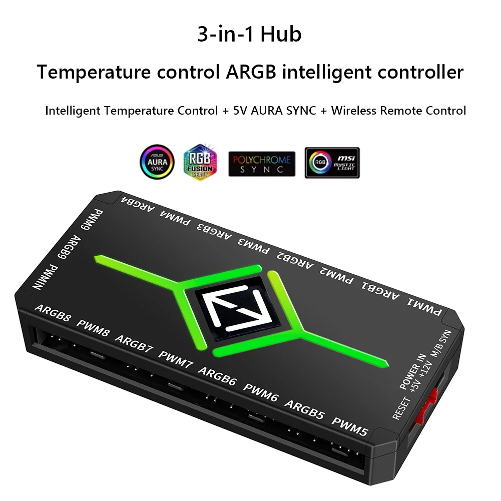 ARGB PWM مروحة مهايئ توزيع مع وحدة تحكم ARGB 1To9 ميناء 5 فولت 3 دبوس PC محور مروحة التبريد الفاصل SATA امدادات الطاقة PWM المحور المغناطيسي