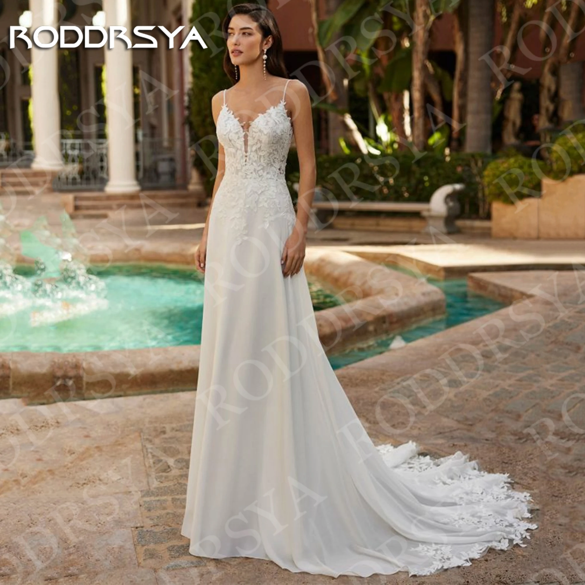 

RODDRSYA Bohemian Backless A Line Wedding Dress Women Lace Appliques V Neck Chiffon Bridal Dress Customized robe de mariée 2025