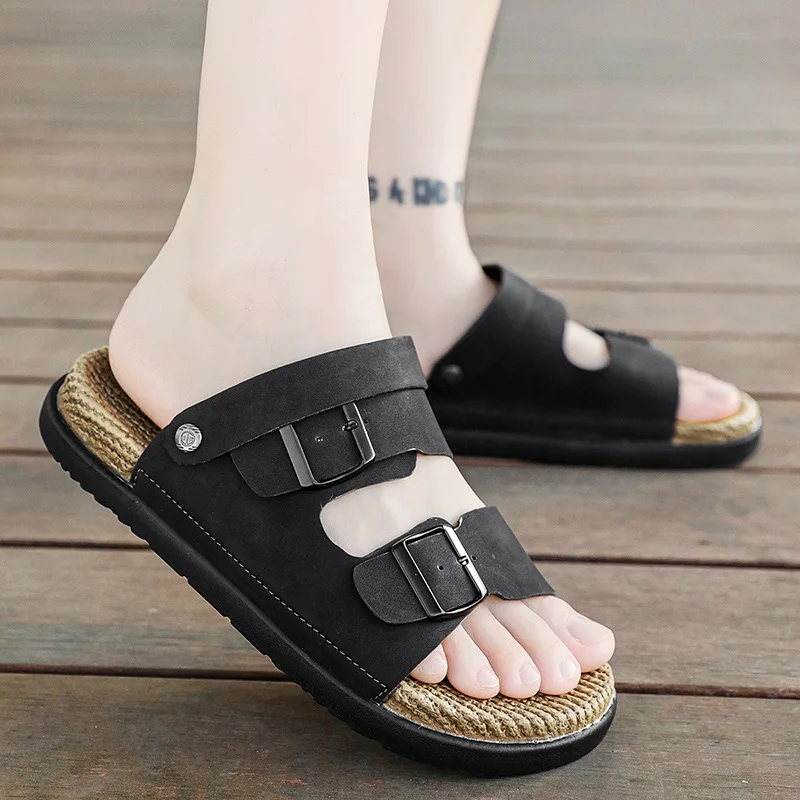 Men's PU Leather Slide Sandals Adjustable Double Buckle Slippers EVA Textured Footbed Comfortable Casual Summer Shoes