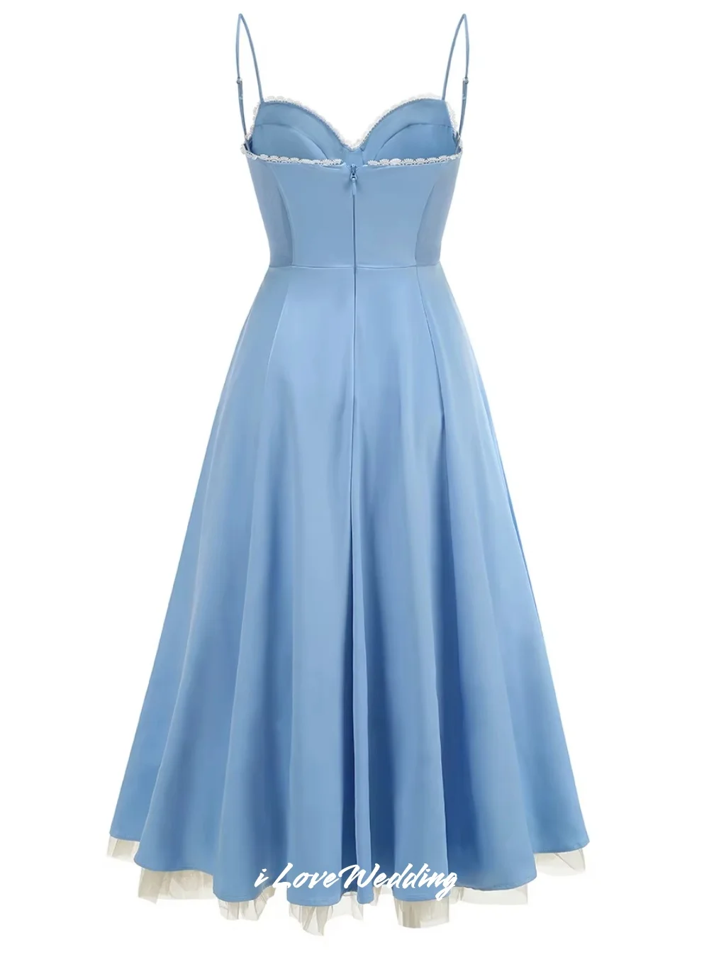 블루 스파게티 스트랩 댄스 파티 드레스 2025 Sweetheart 민소매 백리스 플리츠 A 라인 Tulle 발목 길이 이브닝 드레스 맞춤형