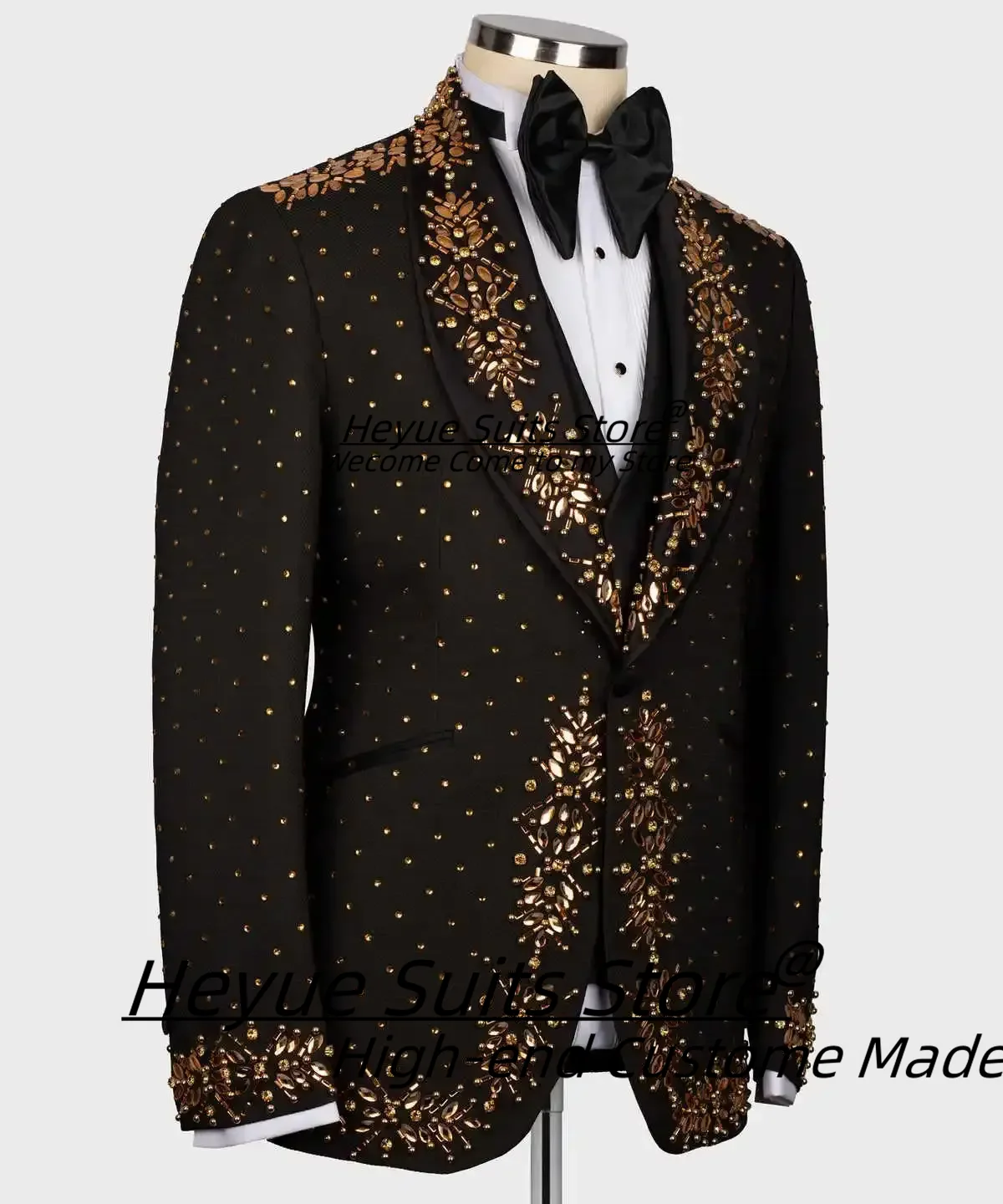 

Elegant Beaded Crystal Shawl Lapel Groom Wedding Tuxedos Customized Luxuly Slim Fit 3Pieces Sets Male Prom Blazers Costume Homme