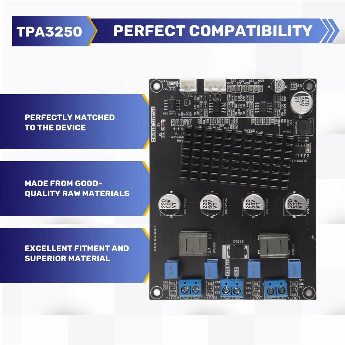 

(BAAY) Плата цифрового усилителя TPA3250, 130Wx2, высокая мощность, 4A, 32V, класс D, с экранированным кабелем XH2.54mm-3P