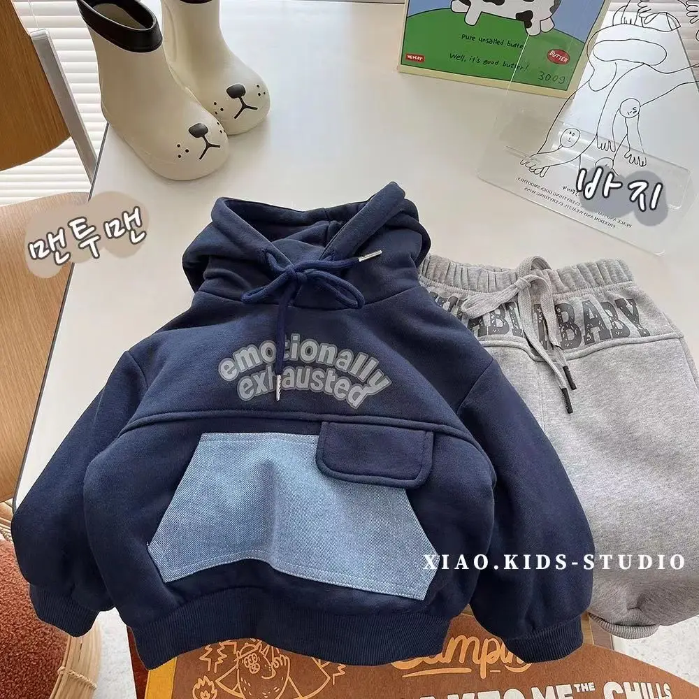 

Children's Fleece-Lined Thickened Hooded Sweatshirt 2023 Autumn and Winter New Denim Stitching Printing Baby Boys' Top