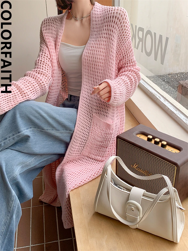 Colorfaith SWC5409JX New 2023 Pockets Korean Fashion Knitting Chic Long Cardigans Women Autumn Winter Elegant Lady Pink Tops