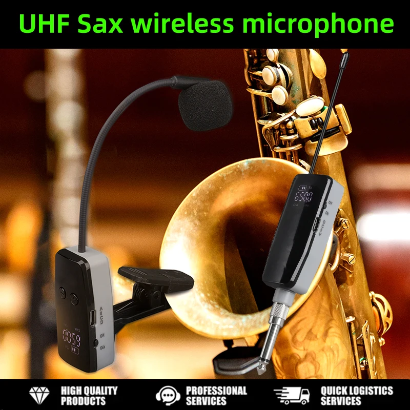 

Беспроводная UHF-система микрофонов для саксофона и трубы, микрофон с клипсой для инструментов, дальность передачи 100 футов, улавливание звука.