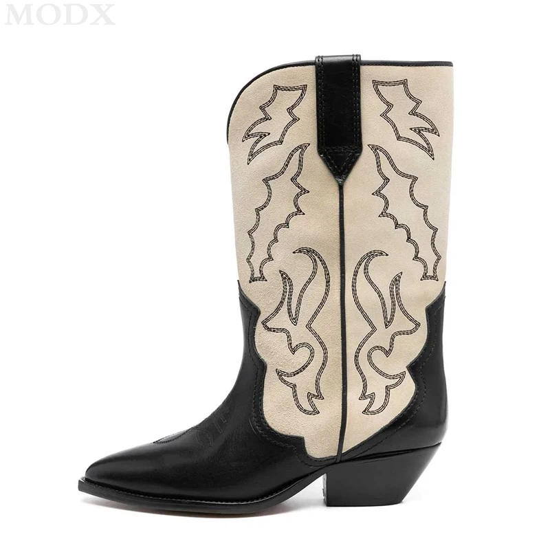 Black & White Leather Patchwork Pointed Toe Cowgirl Boots Embroidered Design Street Style Chunky Heel Mixed Colours Western Boot