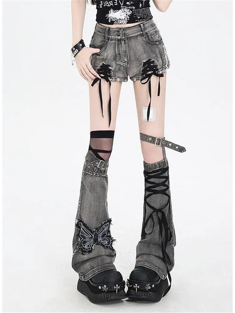 

Летний новый ретро Y2K Spicy Girl Bow Tie для похудения Джинсовый комплект с низкой талией Sos Комплект из двух предметов Сексуальный модный глубокий светлый цвет