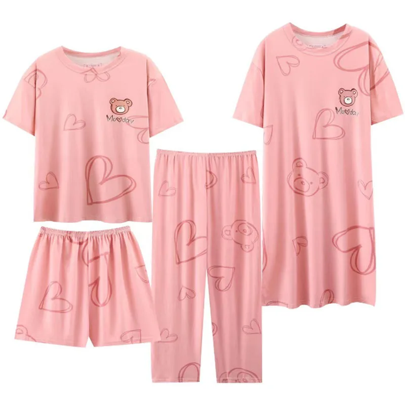 

4PCS/Set Large Size Women Fashion Casual Pajamas Short-Sleeved Trousers Cartoon Bear Love Print Dress Girl Clothes Homewear