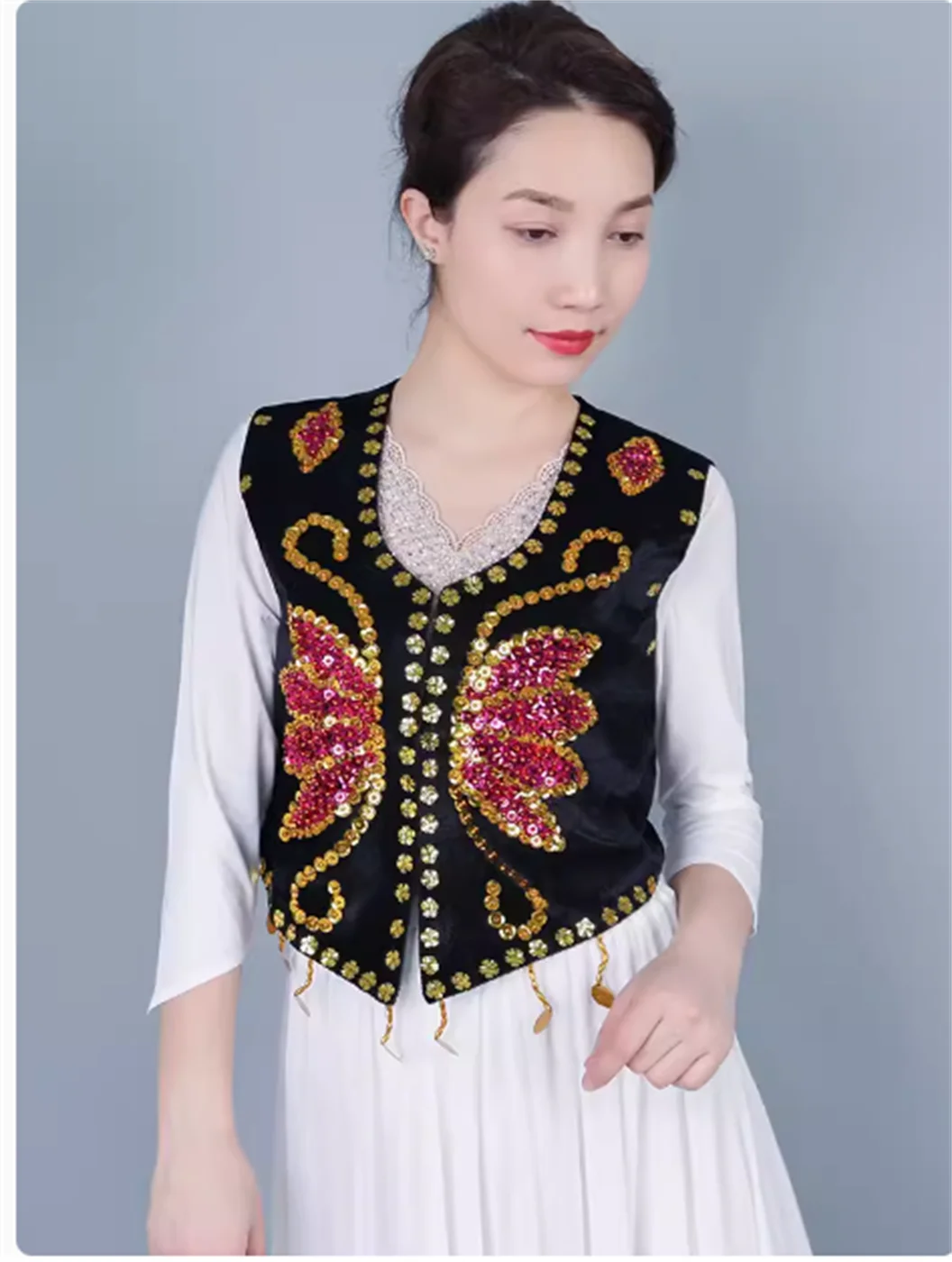 Xinjiang Dance Dress Vrouwelijk Volwassen Vest Etnische Stijl Glitter