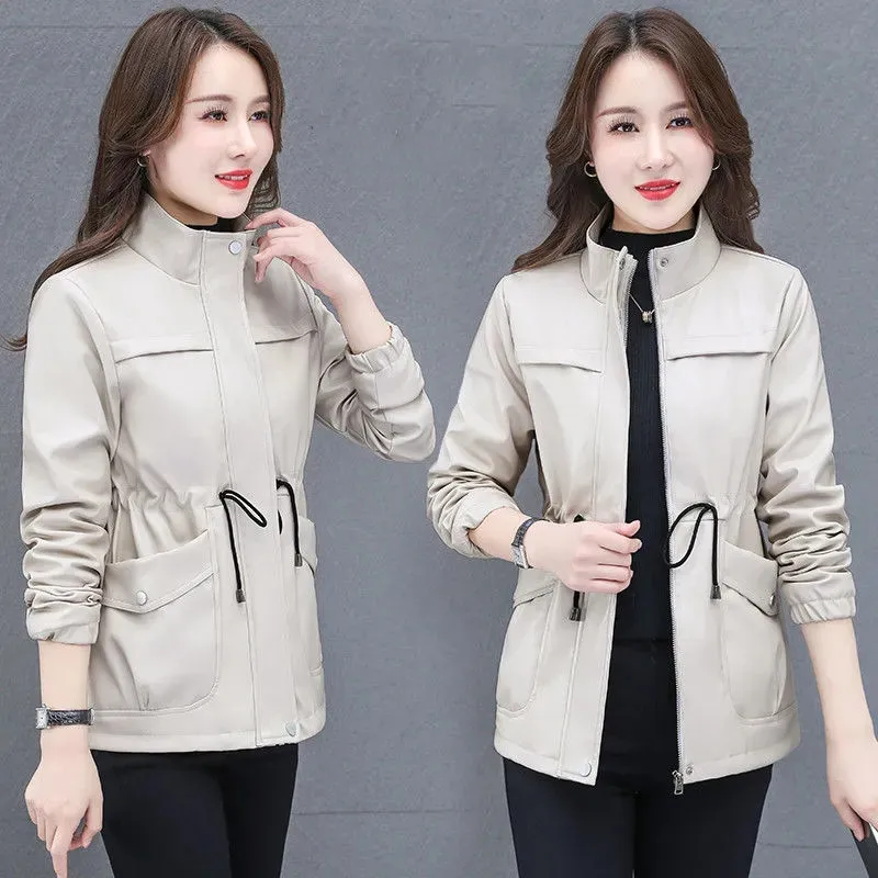 Women\'s PU Leather Jacket New Autumn Stand Collar Leather Coat Female Mid-length Faux Leather Coat Casual Leather Windbreaker