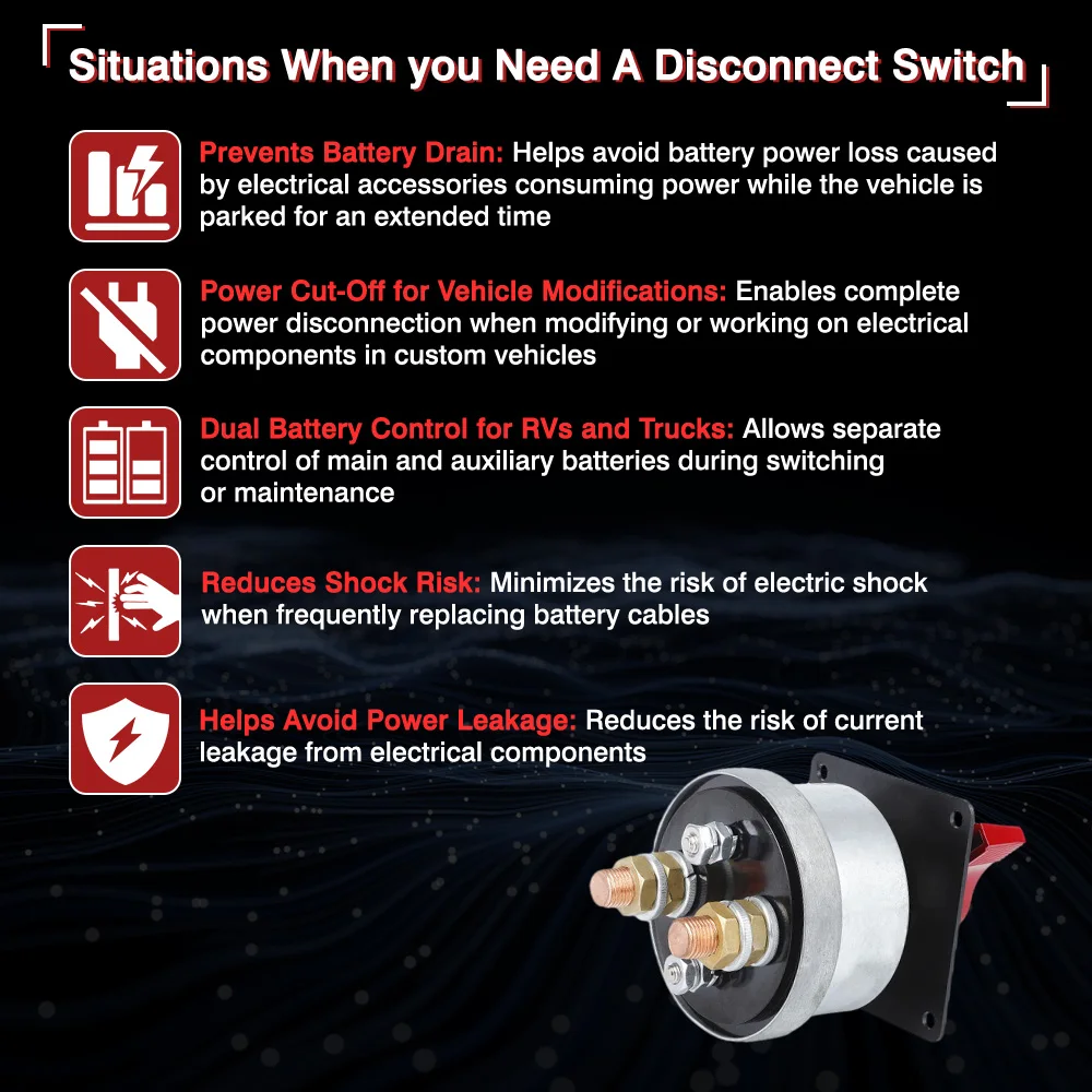 

Compatible with most 12 V DC cars and racing cars requiring a manual power system cutoff switch panel