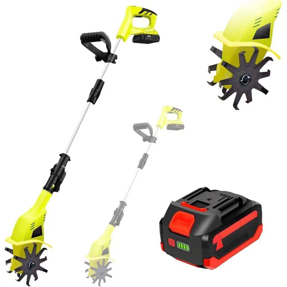 

Electric Garden Tiller - Cordless Rotorvator for Soil Digging - Adjustable 38-50in Handle - 4000mAh Li-ion Battery & Quick Charg