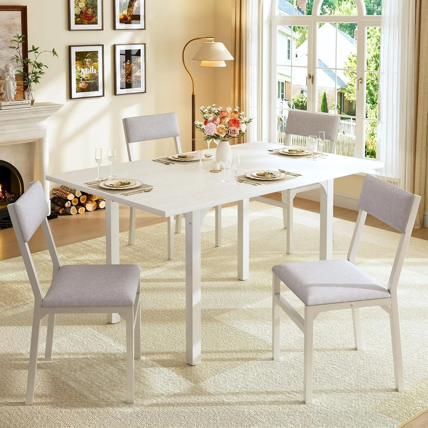 5-Piece Dining Table Set for 4, Extendable Kitchen Table Set with 4 Upholstered Cushion Chairs, Rectangle Table with Metal Frame & MDF Board, Folding Space-Saving for Small Apartment, White