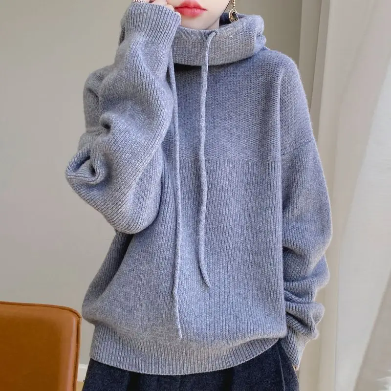Women Hooded Drawstring Knit Sweater Long Sleeve Loose Cowl Neck Soft Warm Casual Autumn Winter Pullover Knit Hoodie Jumper Top