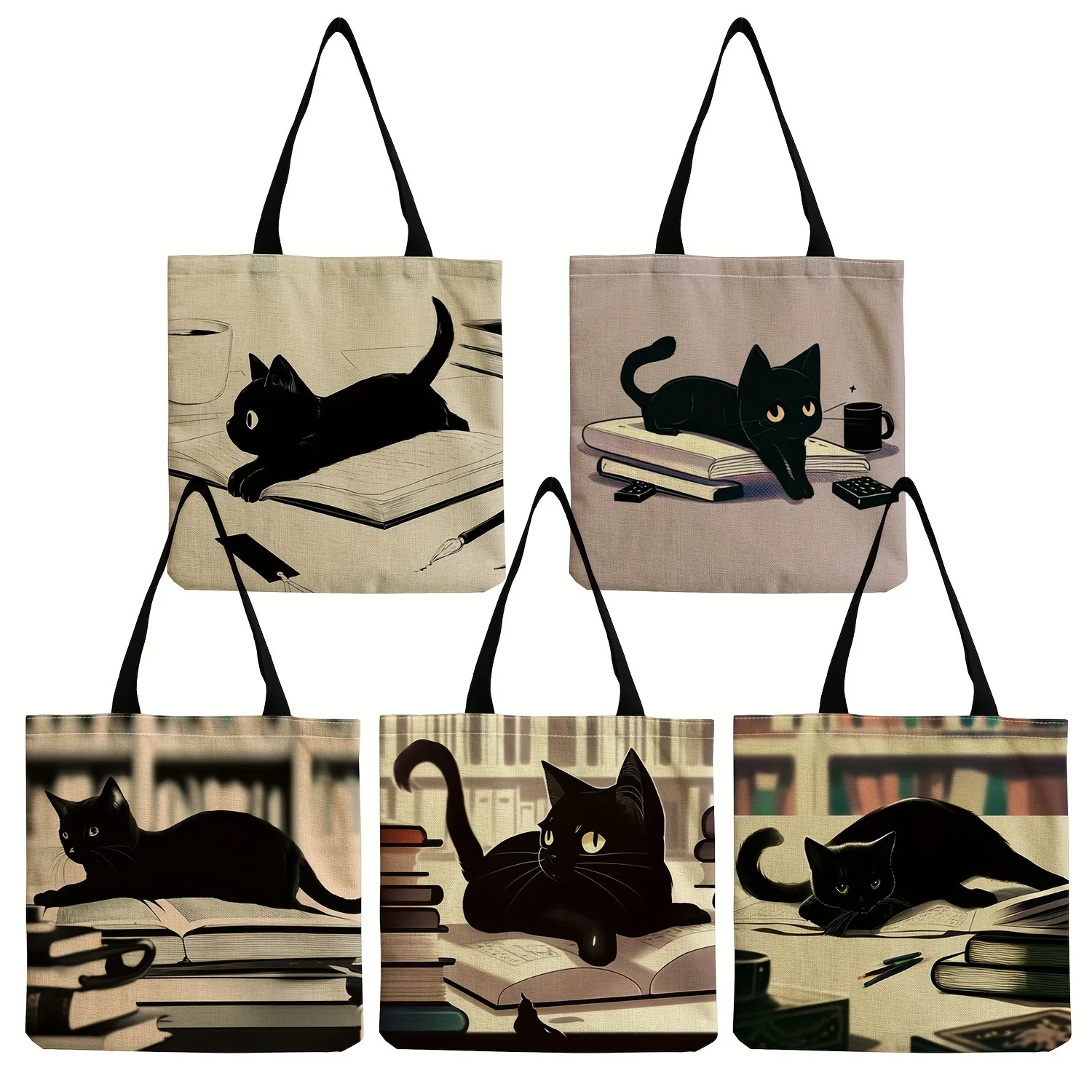 Cute Cat Cartoon Print Tote Bag Large Capacity Shoulder Bag for Shopping and Everyday Use