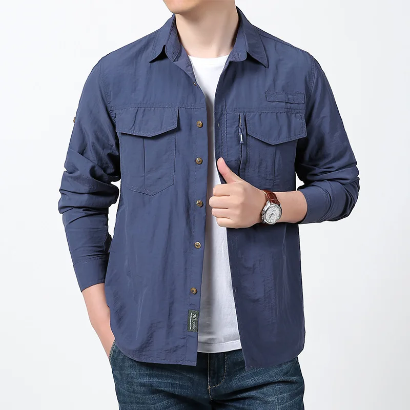 Men's Summer Outdoor Casual Short-Sleeved Shirt Multi-Pocket Workwear Breathable Lightweight Quick-Drying Silk Elastic