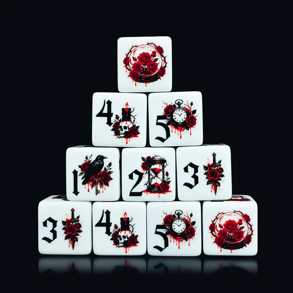 12Pcs Gothic Rose 16MM Printed D6 Acrylic Dice, White Six Sided Dice With Blood Rose, Raven, Skull Pattern, Tabletop Board Game view 3