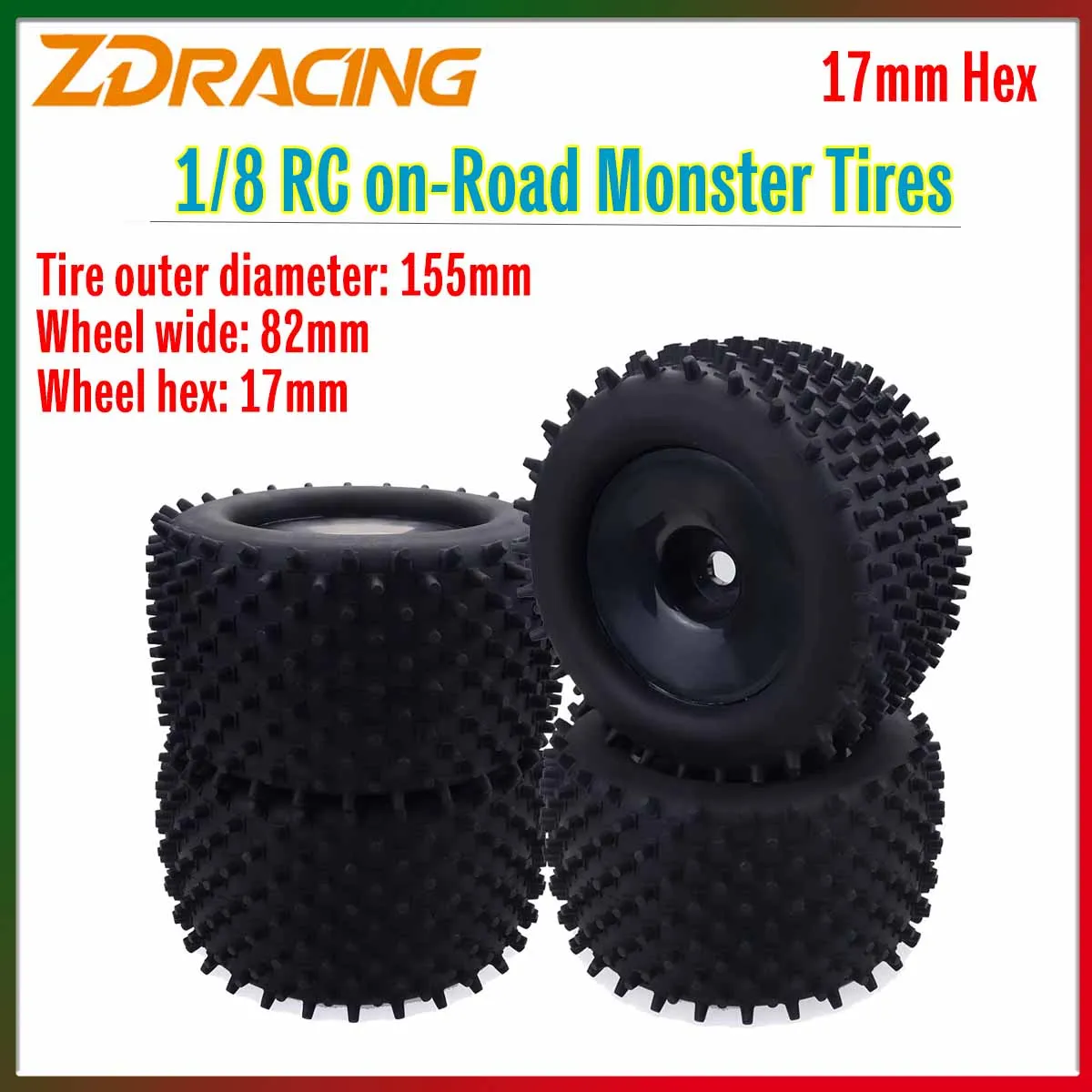 2/4PCS Pneus Monster RC ZD Racing 1/8 155mm pour voiture de route, moyeu hexagonal 17mm, pneus antidérapants pour Redcat Hsp Kyosho Hobao Hongnor Truggy Truck