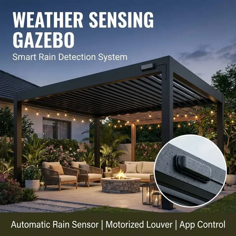 Modern Motorized Louvered Pergola Automatic Rain Sensor-Resistant Balcony Backyard Patio Deck Outdoor Weather