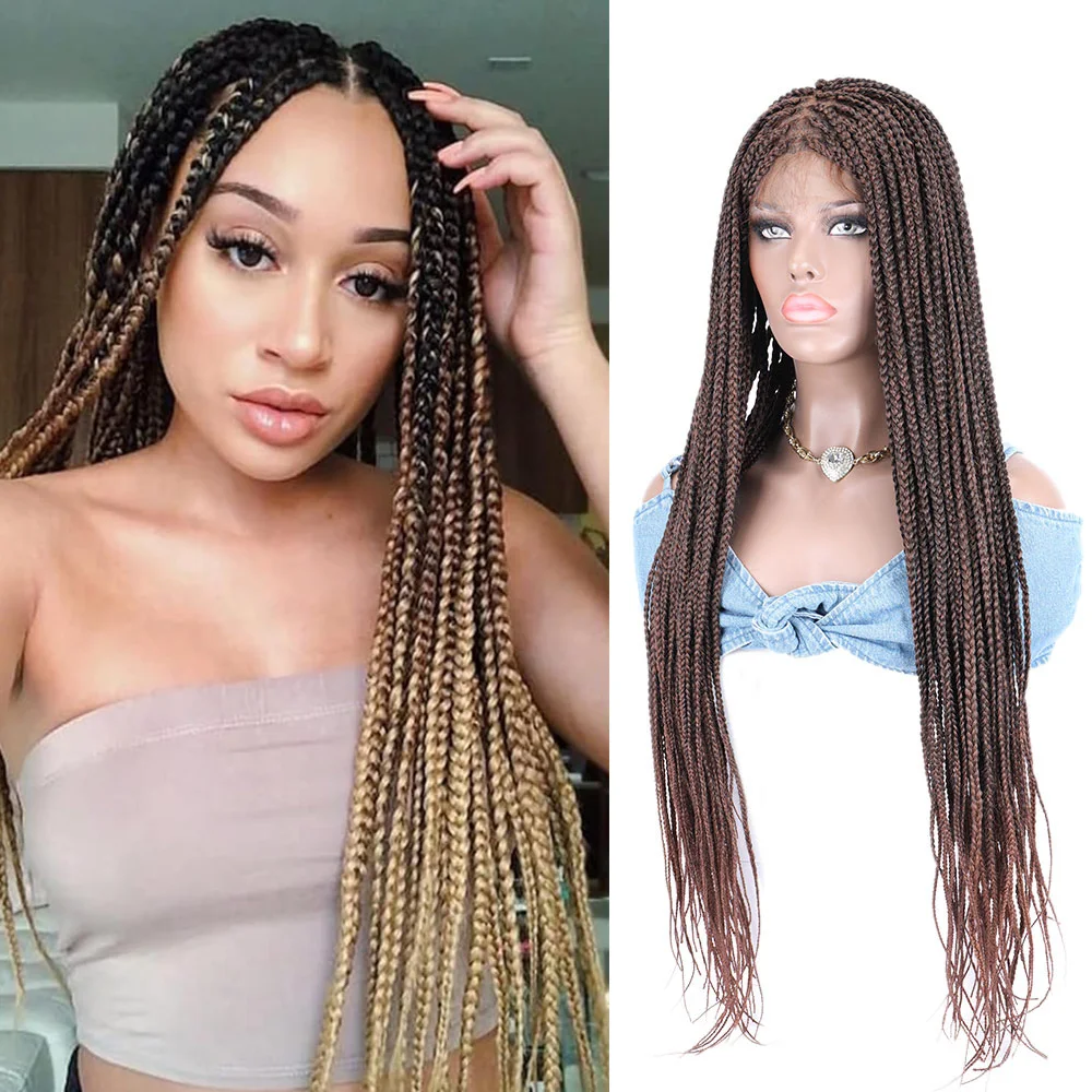 

Brown Ombre Color Braided Box Braids Wigs High Temperature Fiber Hair Synthetic Lace Front Wigs for Women Daily Wear Lace Wig