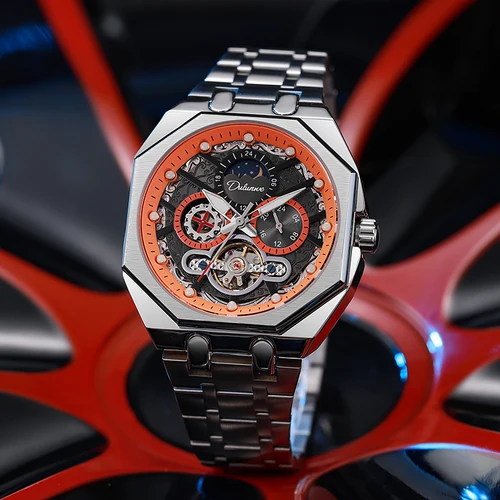 Imagen 2 del producto Reloj mecánico Tourbillon rojo de segunda mano para hombre, manecillas luminosas, relojes automáticos de negocios para hombre, correa de acero de lujo de marca superior