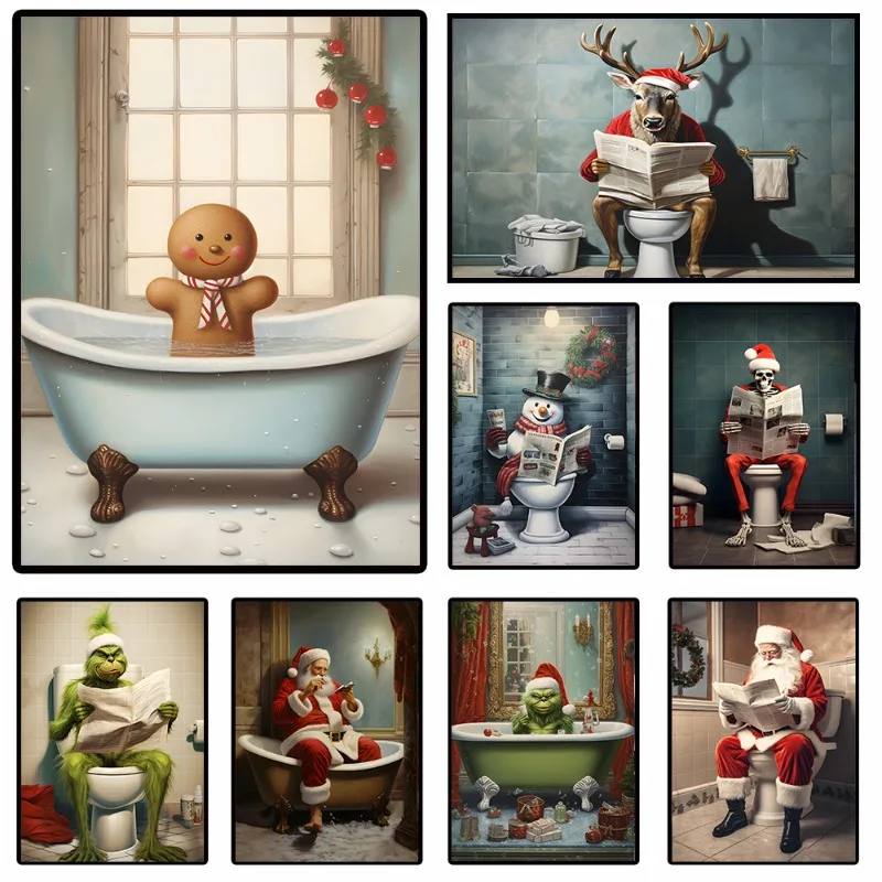 Weihnachten süßer Schneemann auf der Toilette Santa Lebkuchenmonster Poster und Drucke Leinwanddruck Wandkunst Bild für Badezimmer De