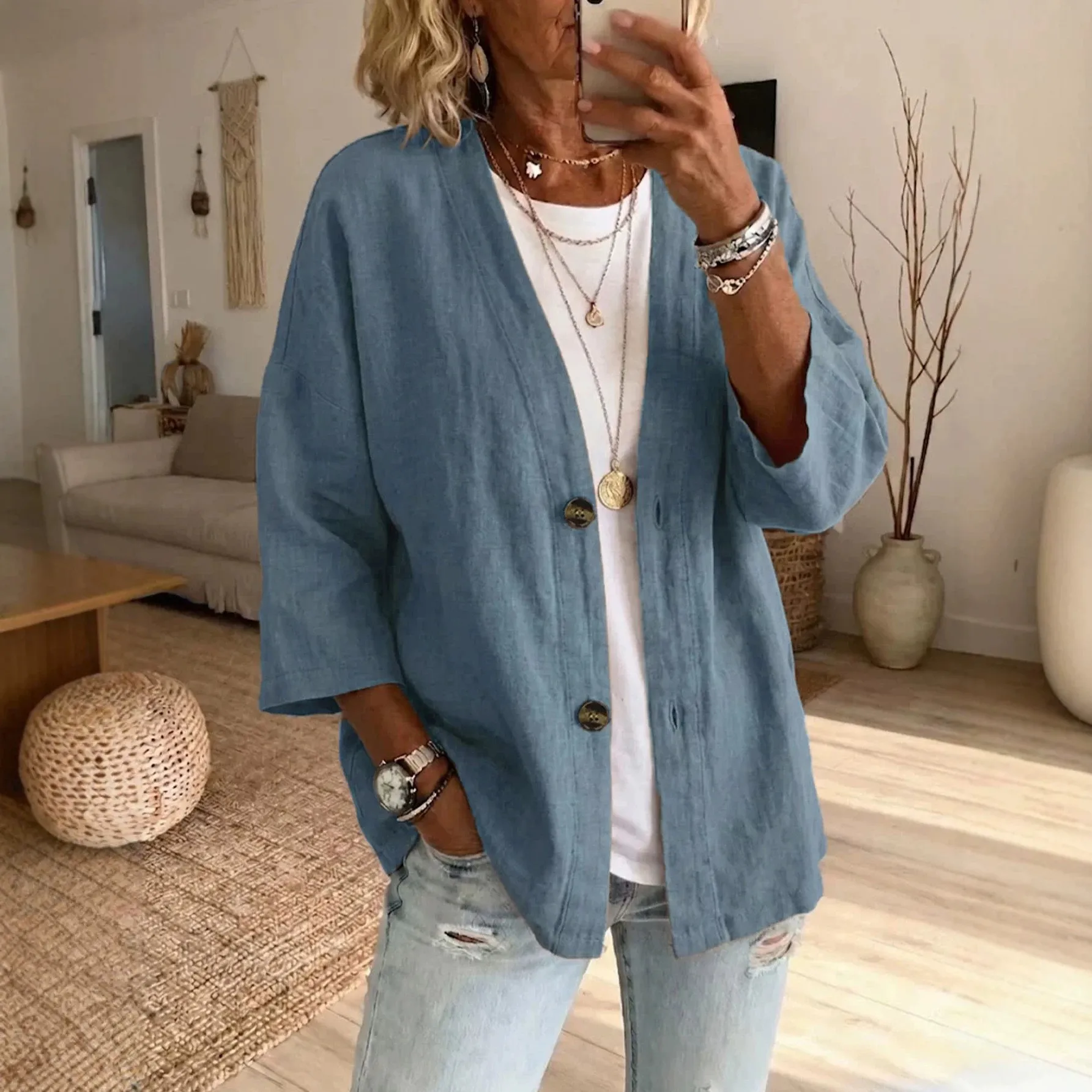 Women's Spring Blouse V Neck Three Quarter Sleeve Button Front Solid Color Relaxed Fit Single Breasted Demi-Season Jacket