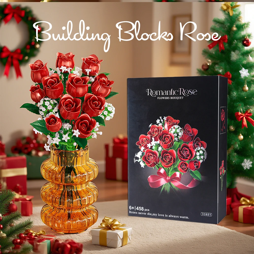 

458+Pcs Rose Flower Building Block Bouquet Set, DIY Home Decoration, Realistic Appearance, Christmas/Valentine's Day/Anniversary Gift, Non-Withering Rose Bouquet for Desktop