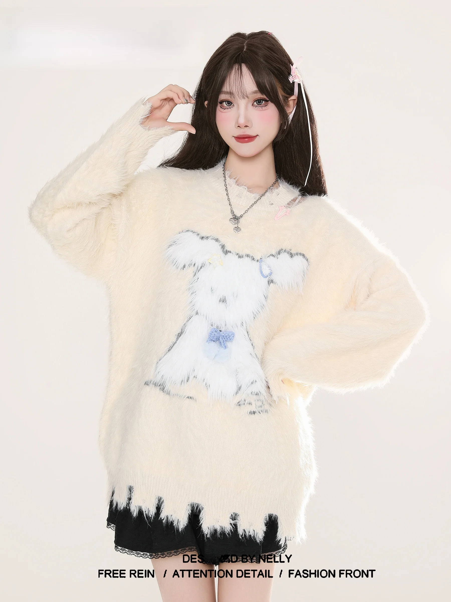 XUNXI Embroidered Shoulder Bared Dog Pattern Mahua Knitted Sweater Women's Winter Mink Velvet Tassel Loose Fit Long Sleeve ro...