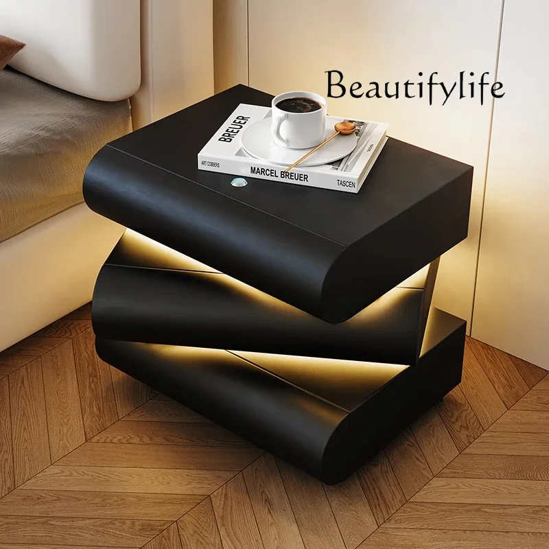 طاولة بجانب السرير ذات الرياح الكريمية 360 درجة °   خزانة تخزين جلدية ذات جو ذكي دوار بجانب السرير حديثة وبسيطة #2