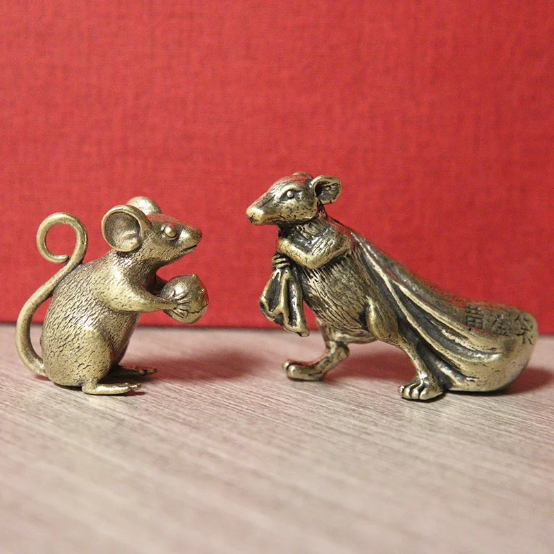 

2Pcs Retro Brass Mouse Figurine Miniature Creative Cute Rat Lucky Animal Small Desktop Ornament Feng Shui Decor