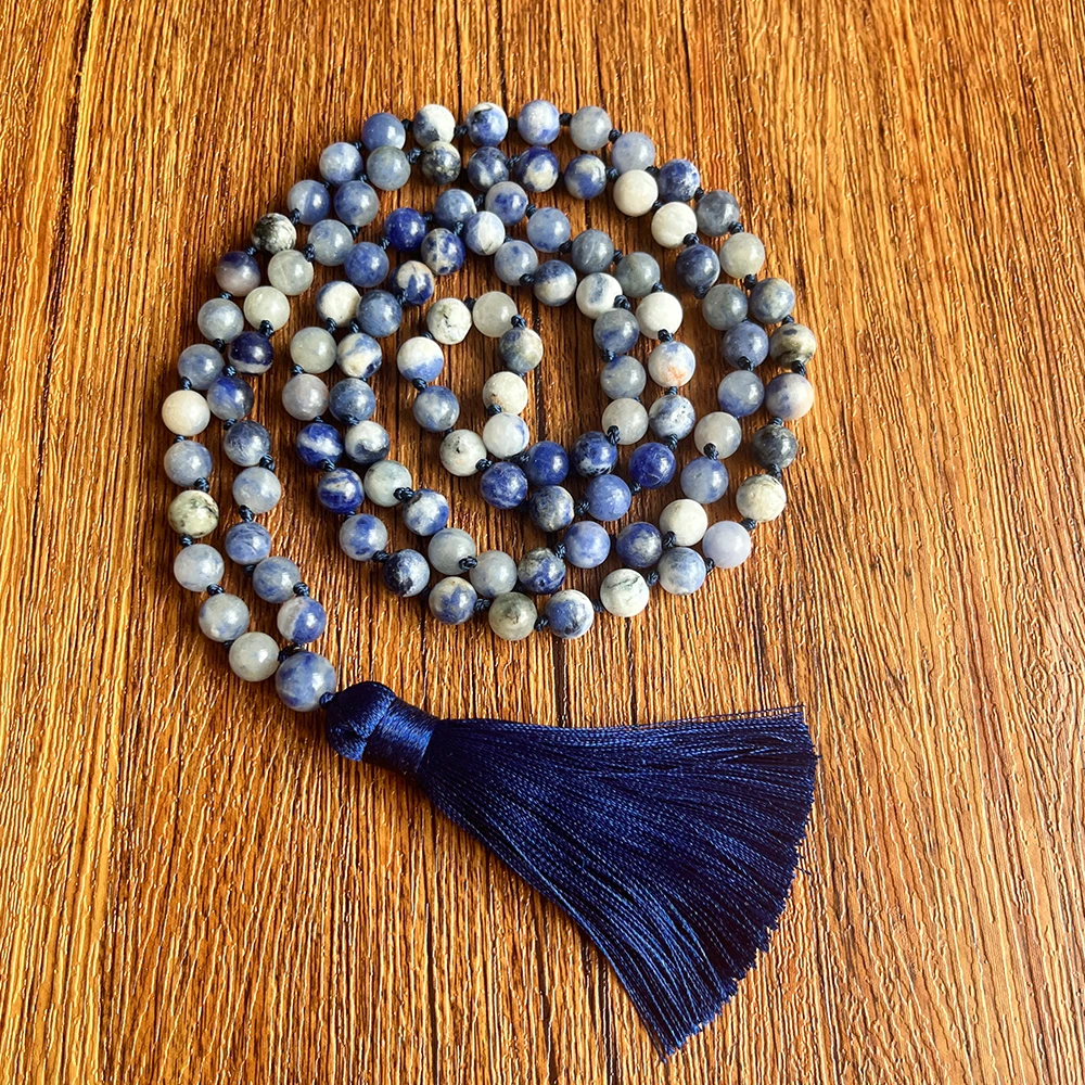8mm Sodalite 108 Mala Beads Necklace Knotted Japamala Meditation Prayer Rosary for Men and Women
