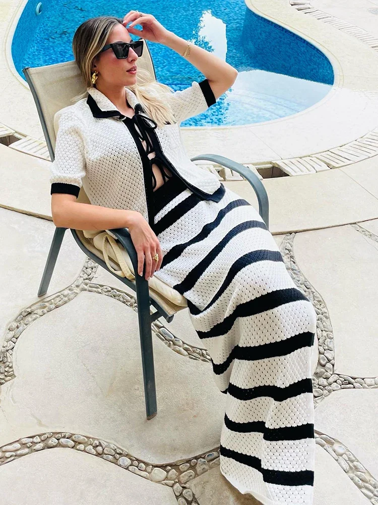 Women Beachwear Swimsuit Cover Up Vintage 2 Pieces Set Knit Striped Lapel Pocket Top Long Skirt Boho Elegant Chic Outfits A2947