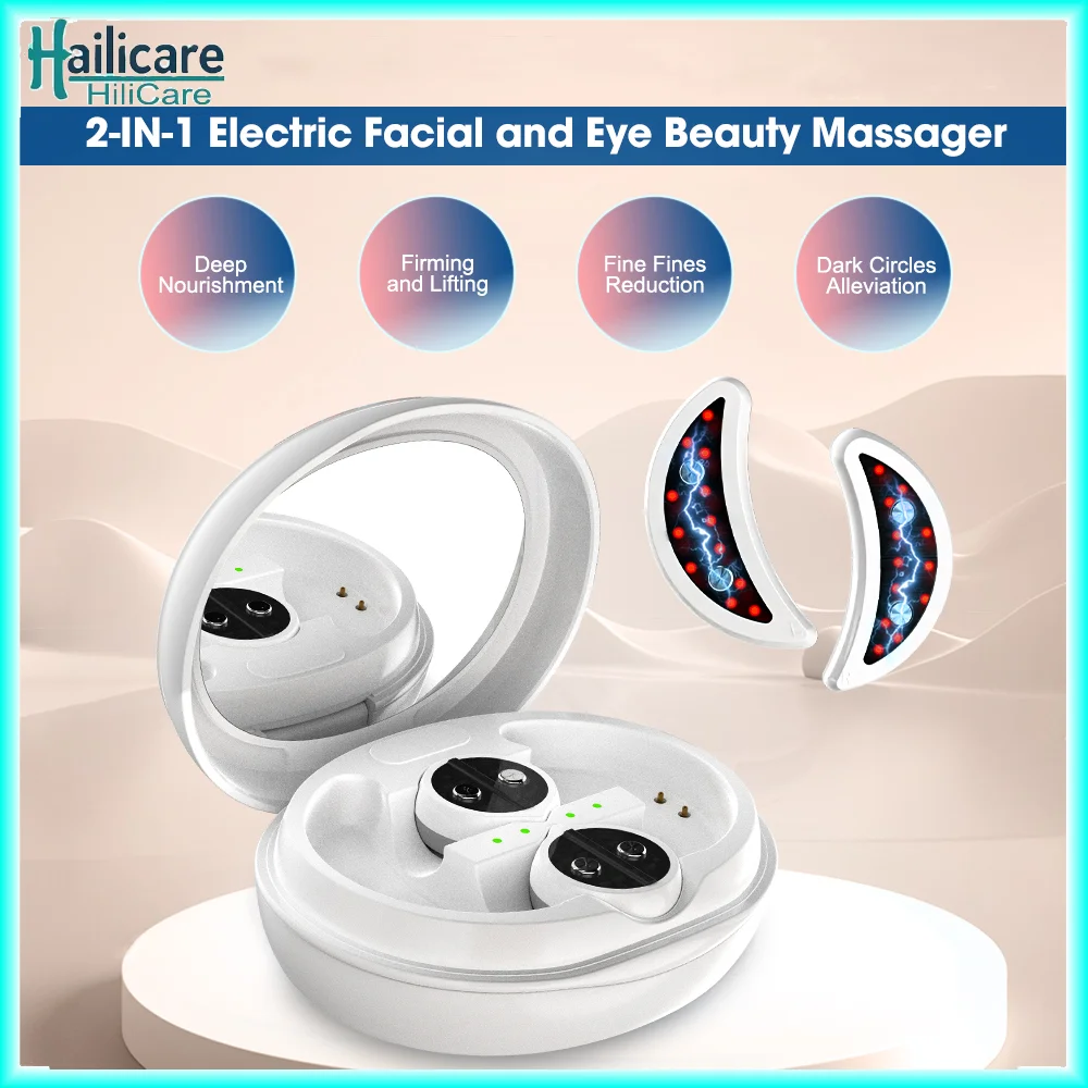 Elektryczny masażer do twarzy i okolic oczu 2 w 1, mikroprąd, światło LED, pulsacyjny masaż twarzy, pielęgnacja oczu, redukcja cieni pod oczami i worków pod oczami.