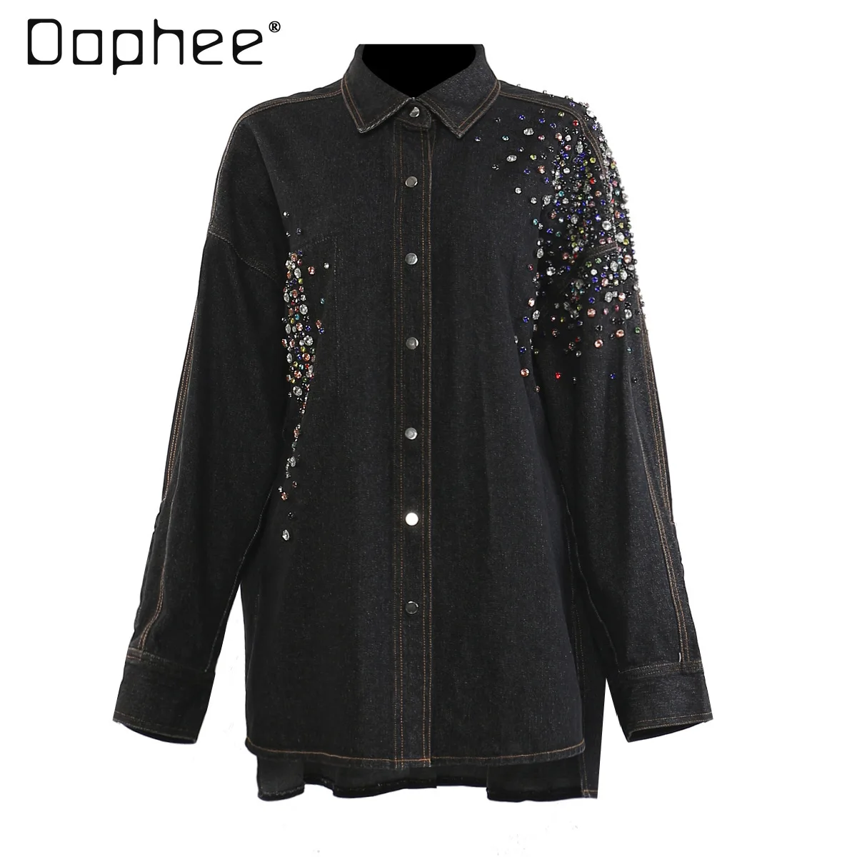 

Colorful Rhinestone Beaded Irregular Washed Denim Shirt Jacket Personality Fashion Loose Casual Long Sleeve Slim Shirt for Women
